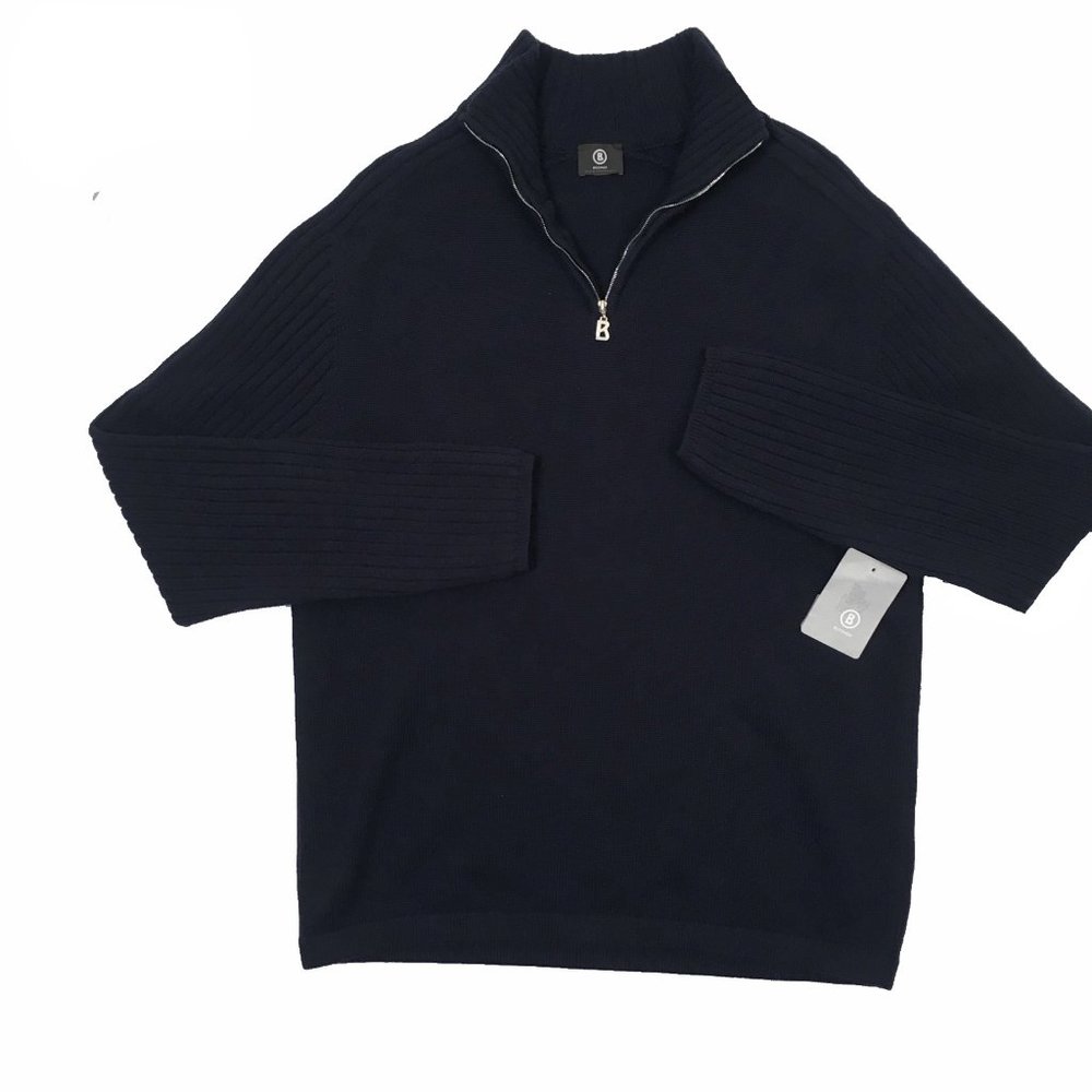 Bogner Wool & Cashmere Sweater!  L  Navy  1/4 Zip  B Zipper Pull  SLIM FIT